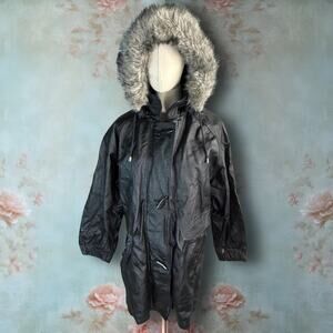 Vintage Wilsons Leather Black Leather Thinsulate Faux Fur Hood Jacket Coat